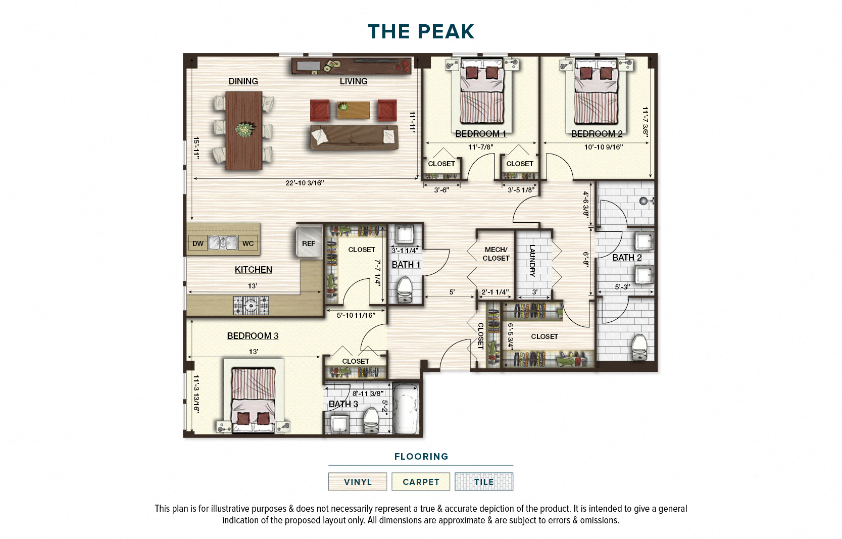 Floor plan for 3 beds, 2.5 baths, 1509 sqft